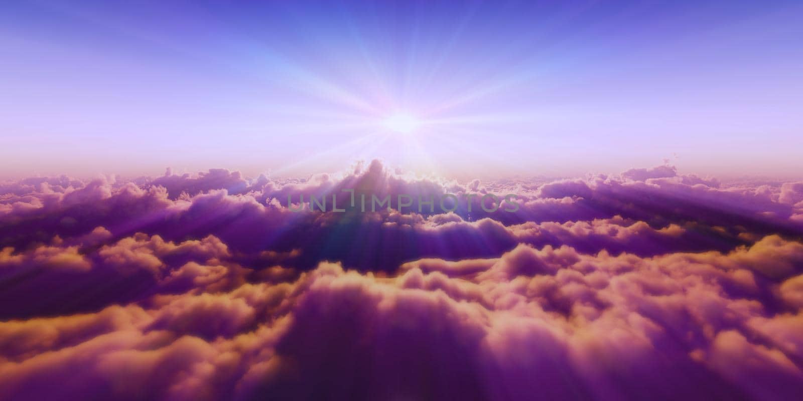 Beautiful aerial view above clouds with sunset. 3d illustration by alex_nako