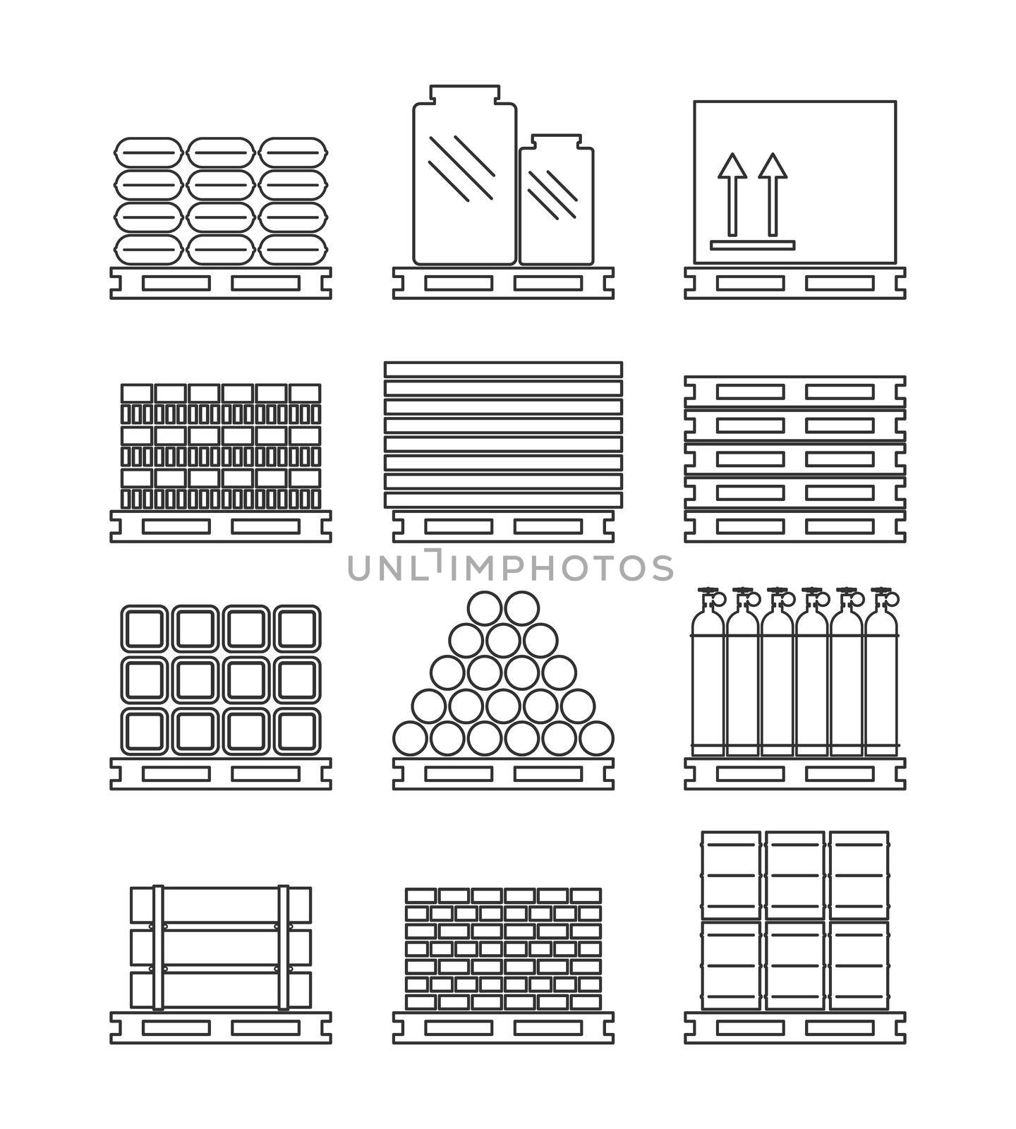 Pallet with various cargo set. Vector illustration.