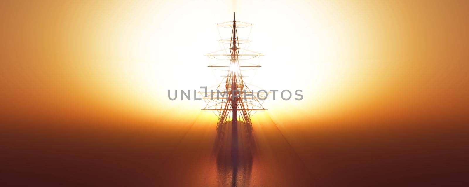 old ship sunset at sea 3d rendering illustration