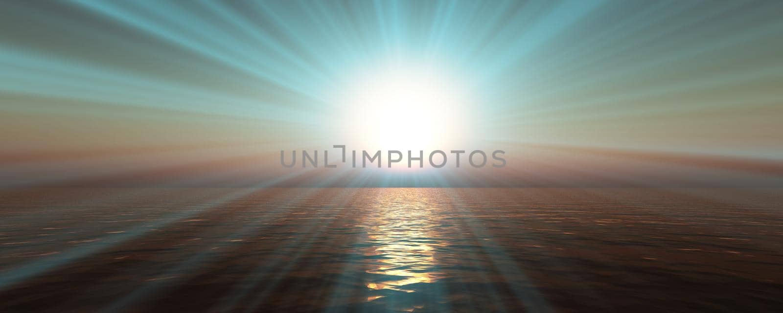 sunset sea sun ray clear sky, 3d rendering illustration