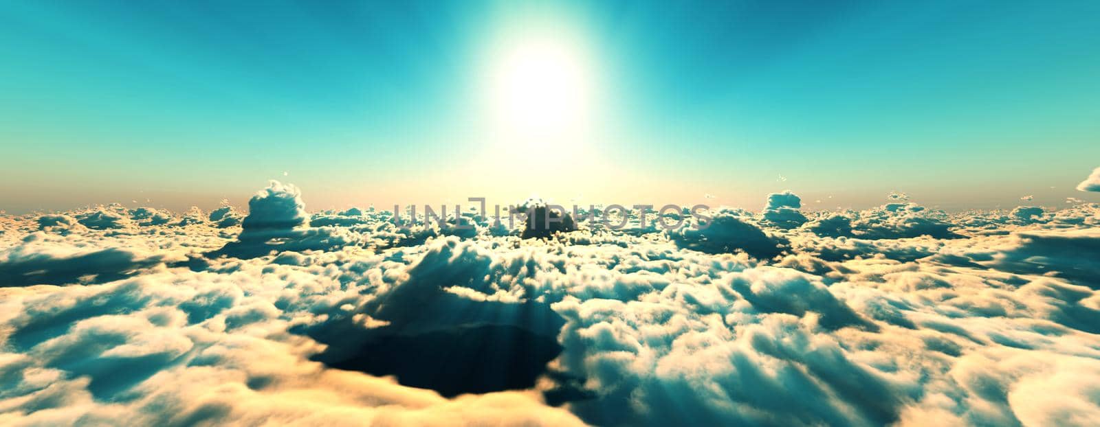 above clouds fly sunset sun ray illustration, 3d render