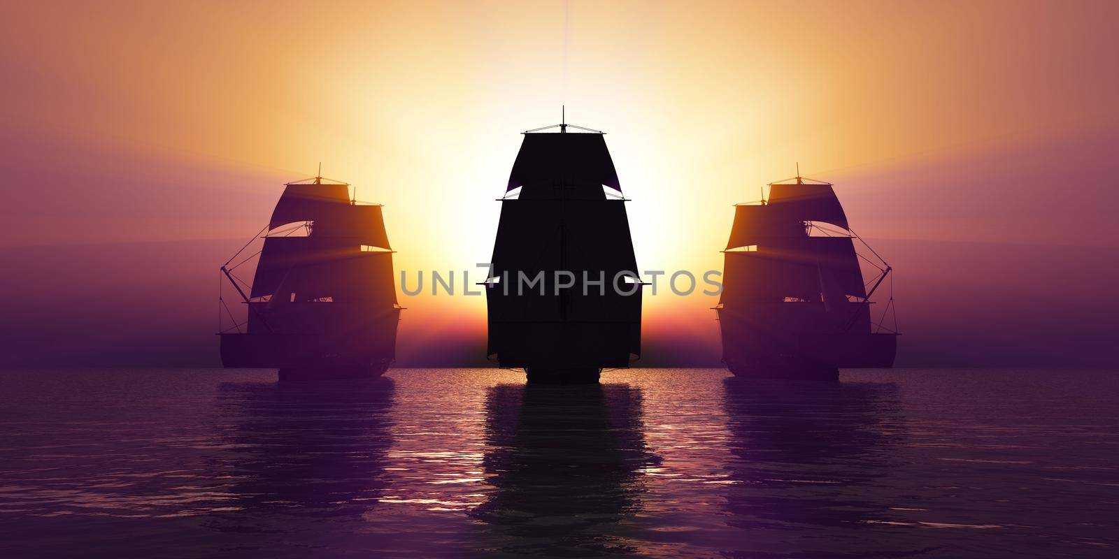 old three ships sunset at sea, 3d rendering by alex_nako