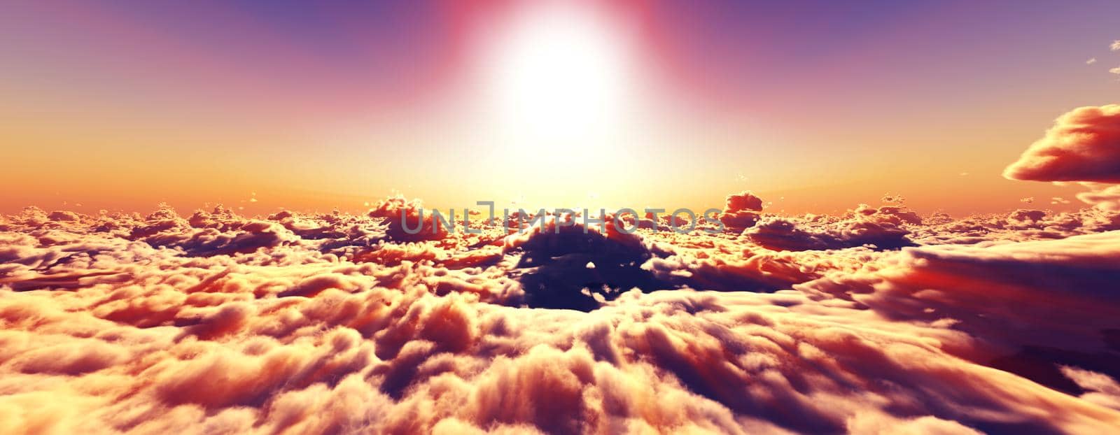 above clouds fly sunset sun ray illustration, 3d render