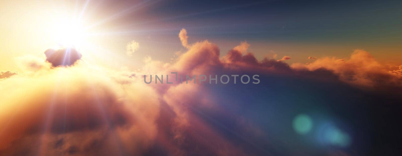 above clouds fly sunset sun ray illustration, 3d render