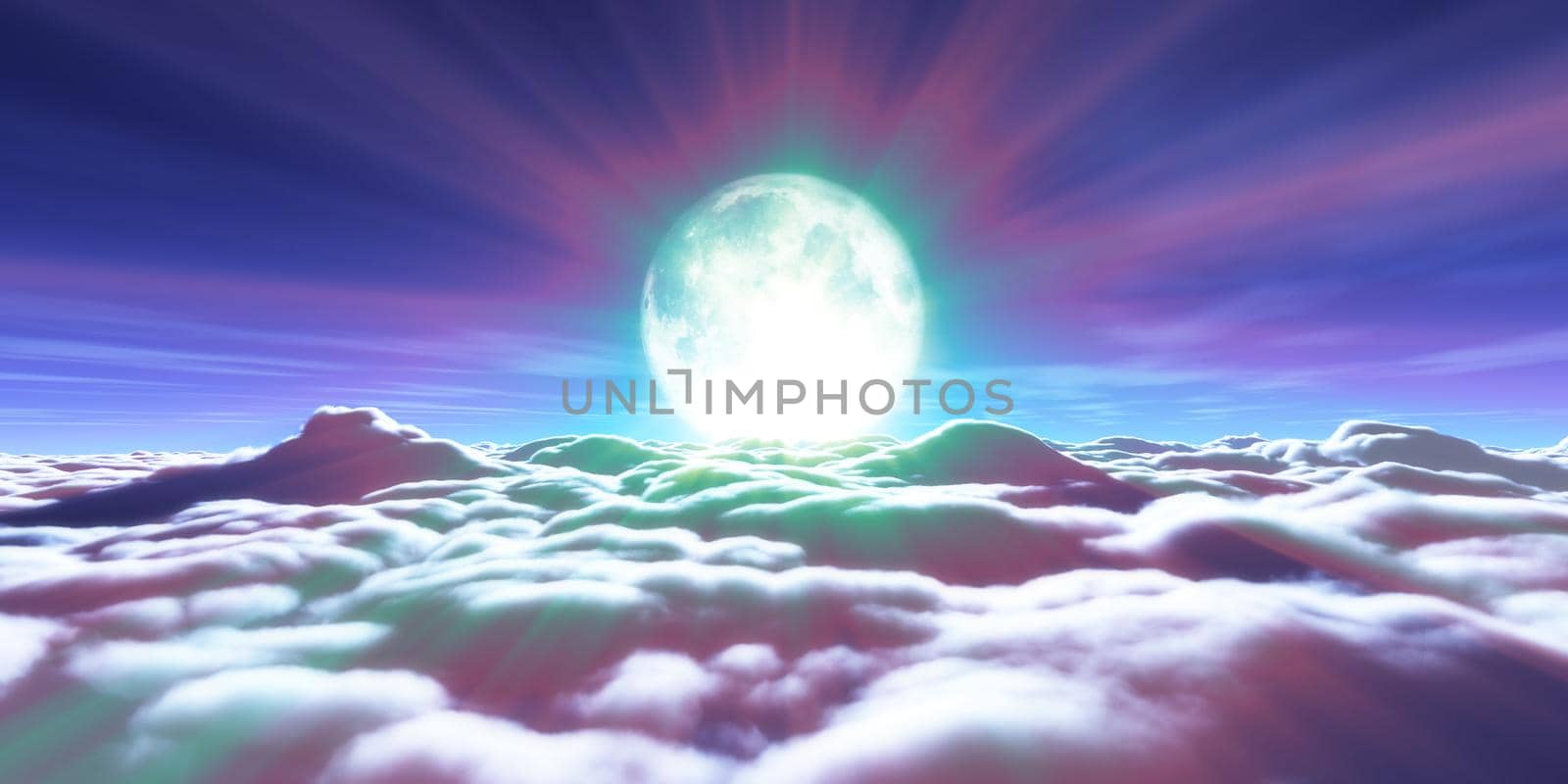 above clouds full moon illustration, 3d rendering