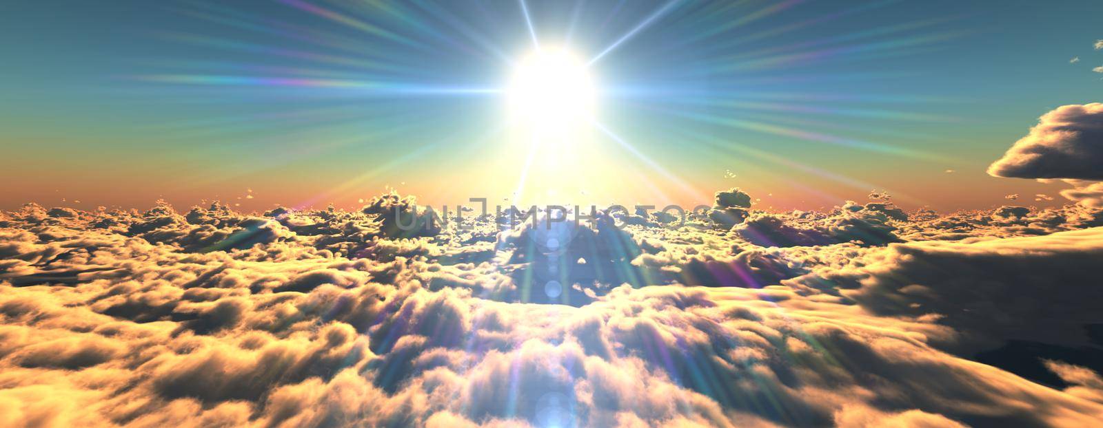 above clouds fly sunset sun ray illustration, 3d render