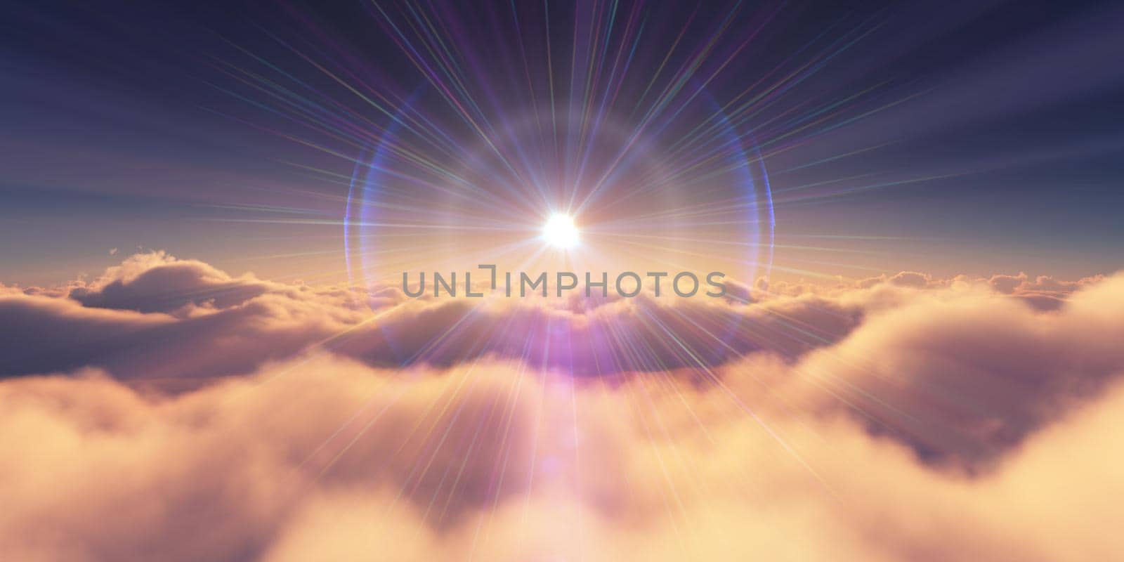 above clouds sunrise sun ray illustration, 3d rendering