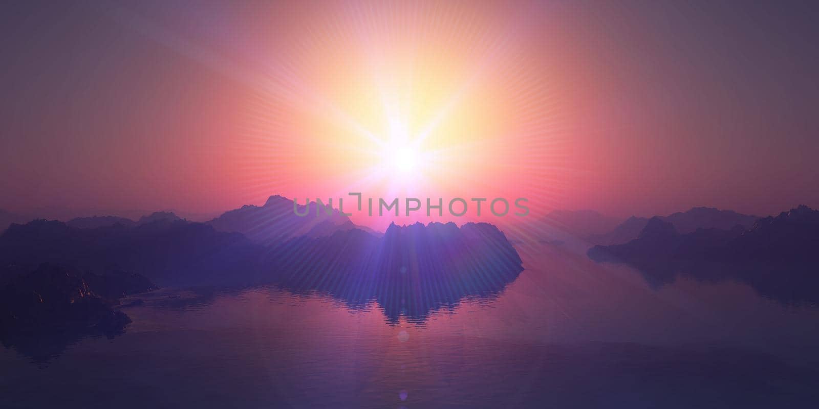 above islands in sea sunset, illustration 3d rendering