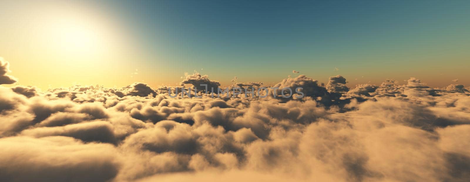 above clouds fly sunset sun ray illustration, 3d render