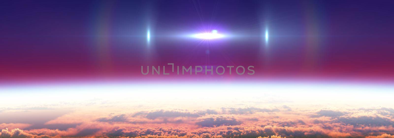 Earth sunrise from space over cloudy ocean. 3d rendering by alex_nako