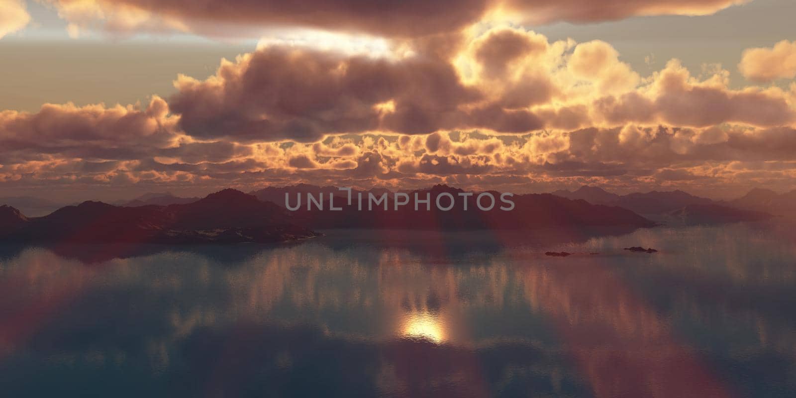 above islands in sea sunset, illustration 3d rendering