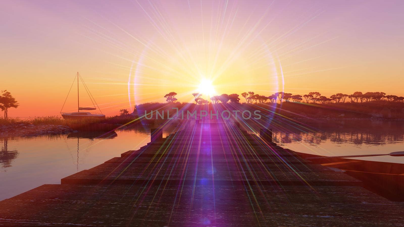 Beautiful sunset over the tropical lagoon, illustration 3d rendering