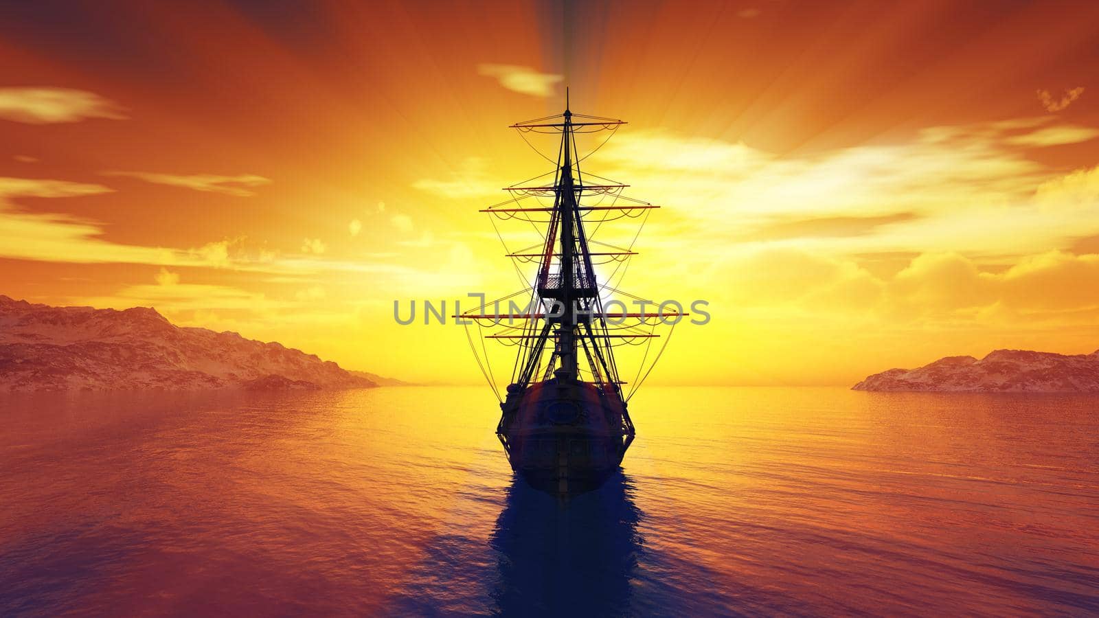 old ship sunset at sea 3d rendering by alex_nako