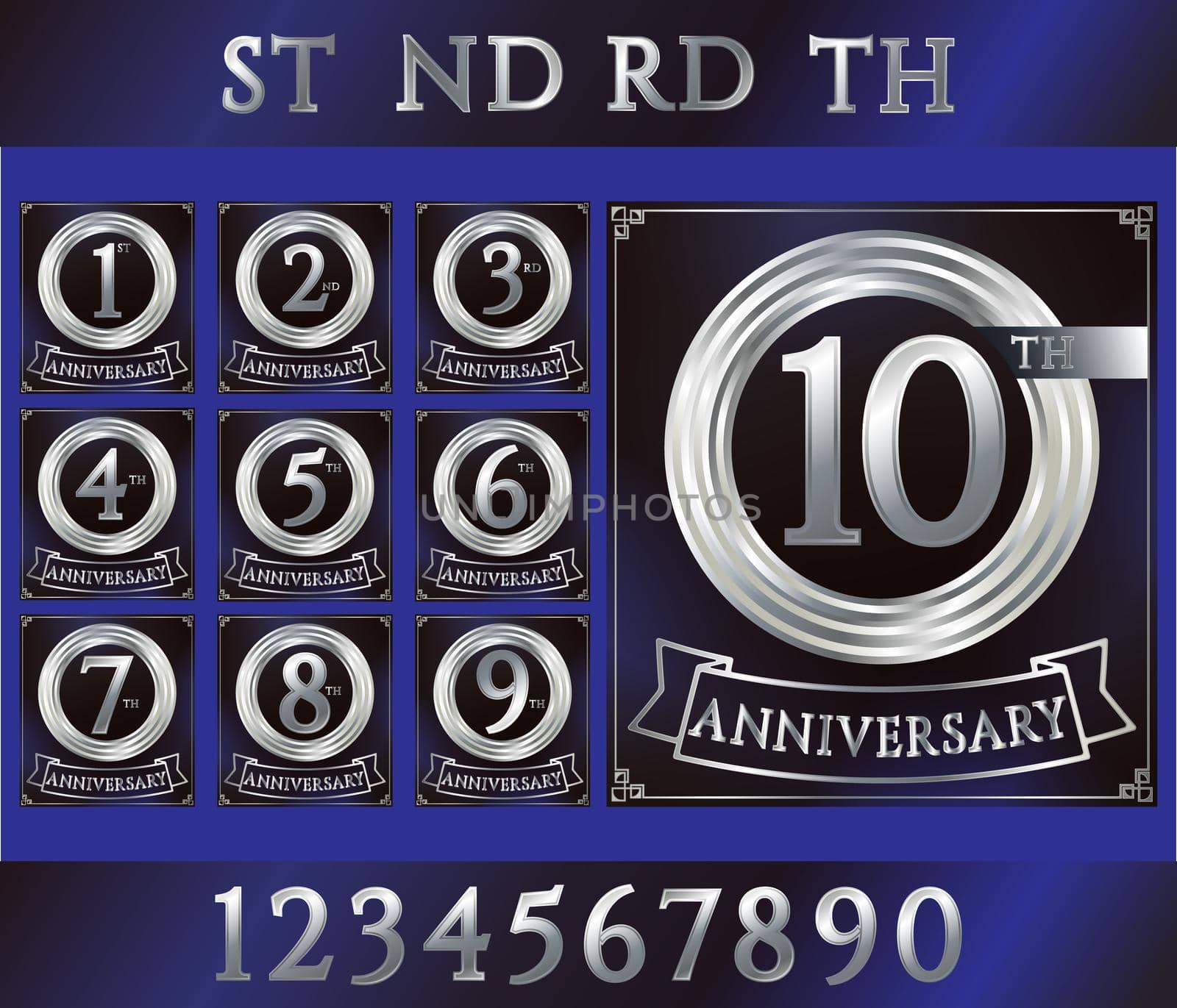 Anniversary silver ring logo number 1. Anniversary card with ribbon. Blue background. Vector illustration.