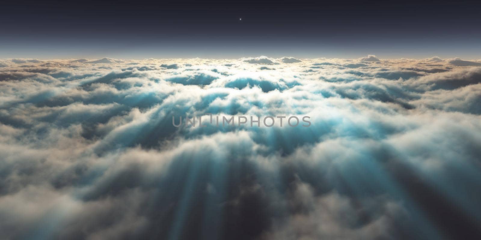 dream fly above clouds ray light, 3d rendering illustration