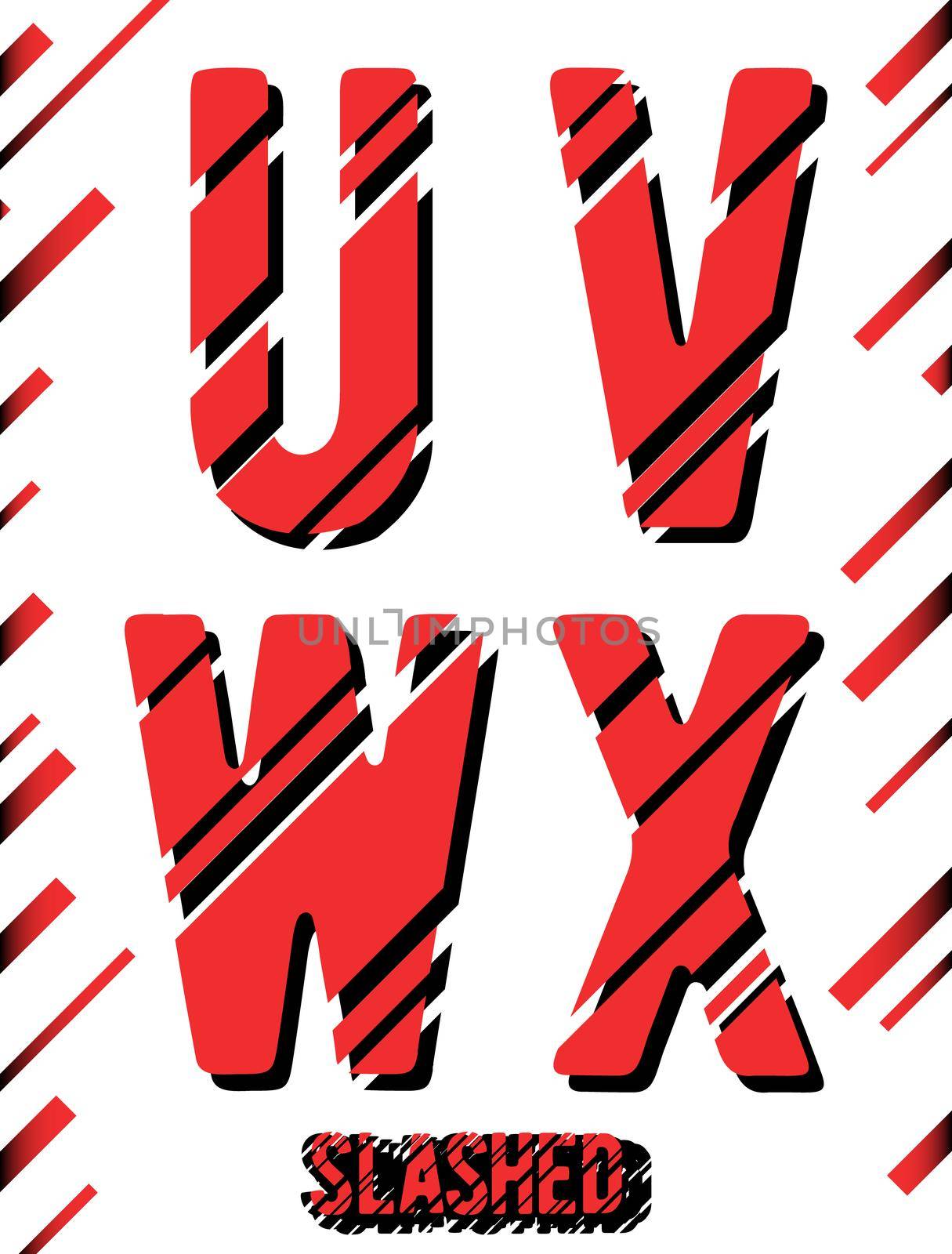 Alphabet font template. Set of letters U, V, W, X logo or icon. Slashed design. Vector illustration.