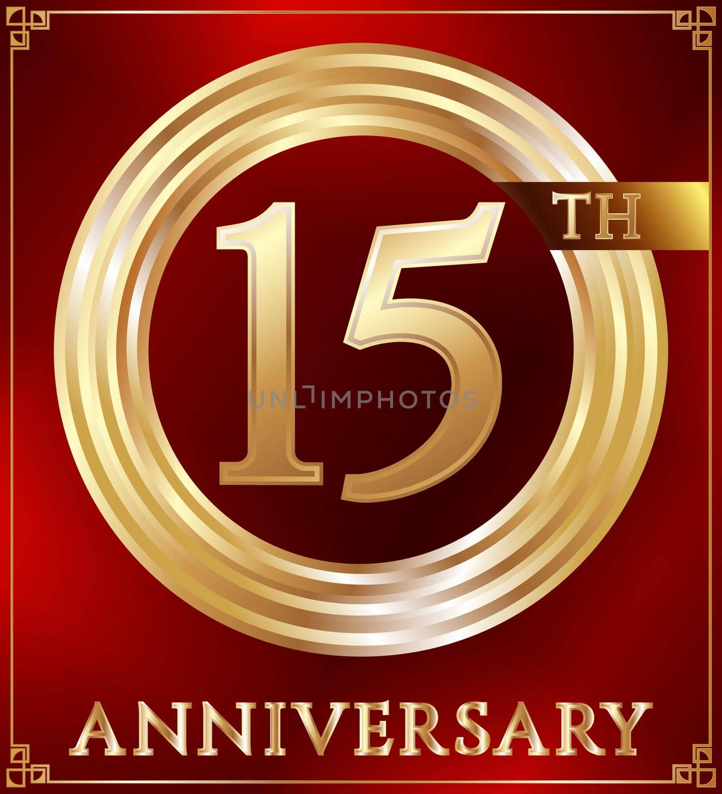 Anniversary gold ring logo number 15. Anniversary card. Red background. Vector illustration.