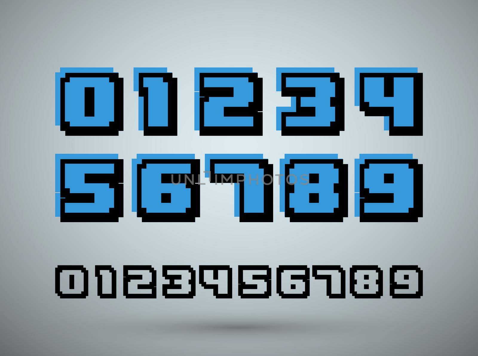Pixel font alphabet, old video game design. Numbers 0 1 2 3 4 5 6 7 8 9. Vector illustration.