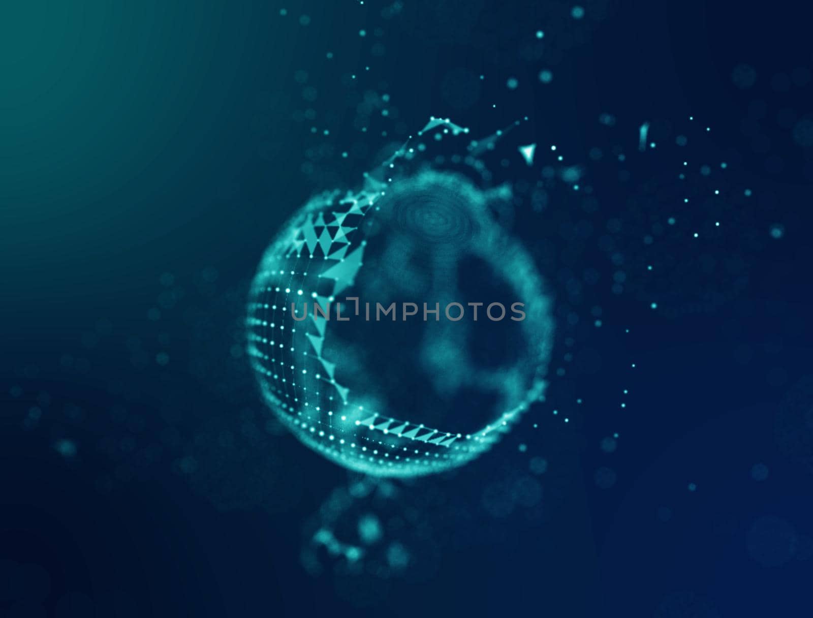 Abstract 3d Illuminated distorted Mesh Sphere . Neon Sign . Futuristic Technology HUD Element . Elegant Abstract Destroyed Sphere . Big data visualization .
