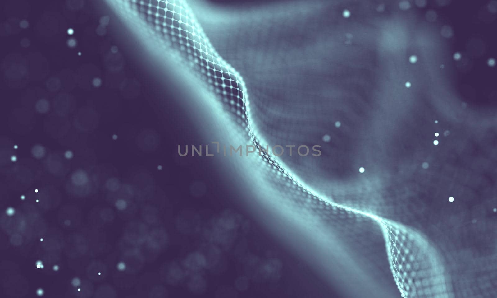 Abstract futuristic illustration of polygonal surface. Low poly shape with connecting dots and lines on dark background. 3D rendering