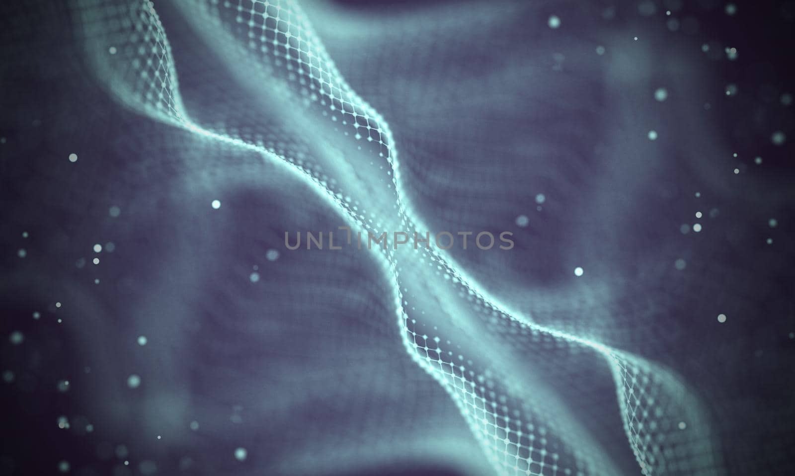 Abstract futuristic illustration of polygonal surface. Low poly shape with connecting dots and lines on dark background. 3D rendering
