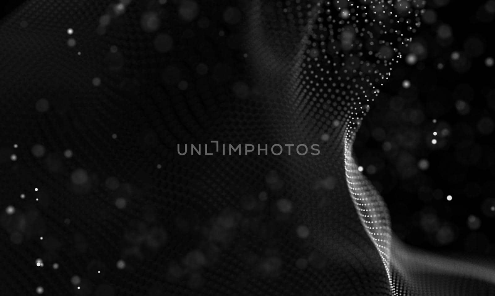 Abstract futuristic illustration of polygonal surface. Low poly shape with connecting dots and lines on dark background. 3D rendering