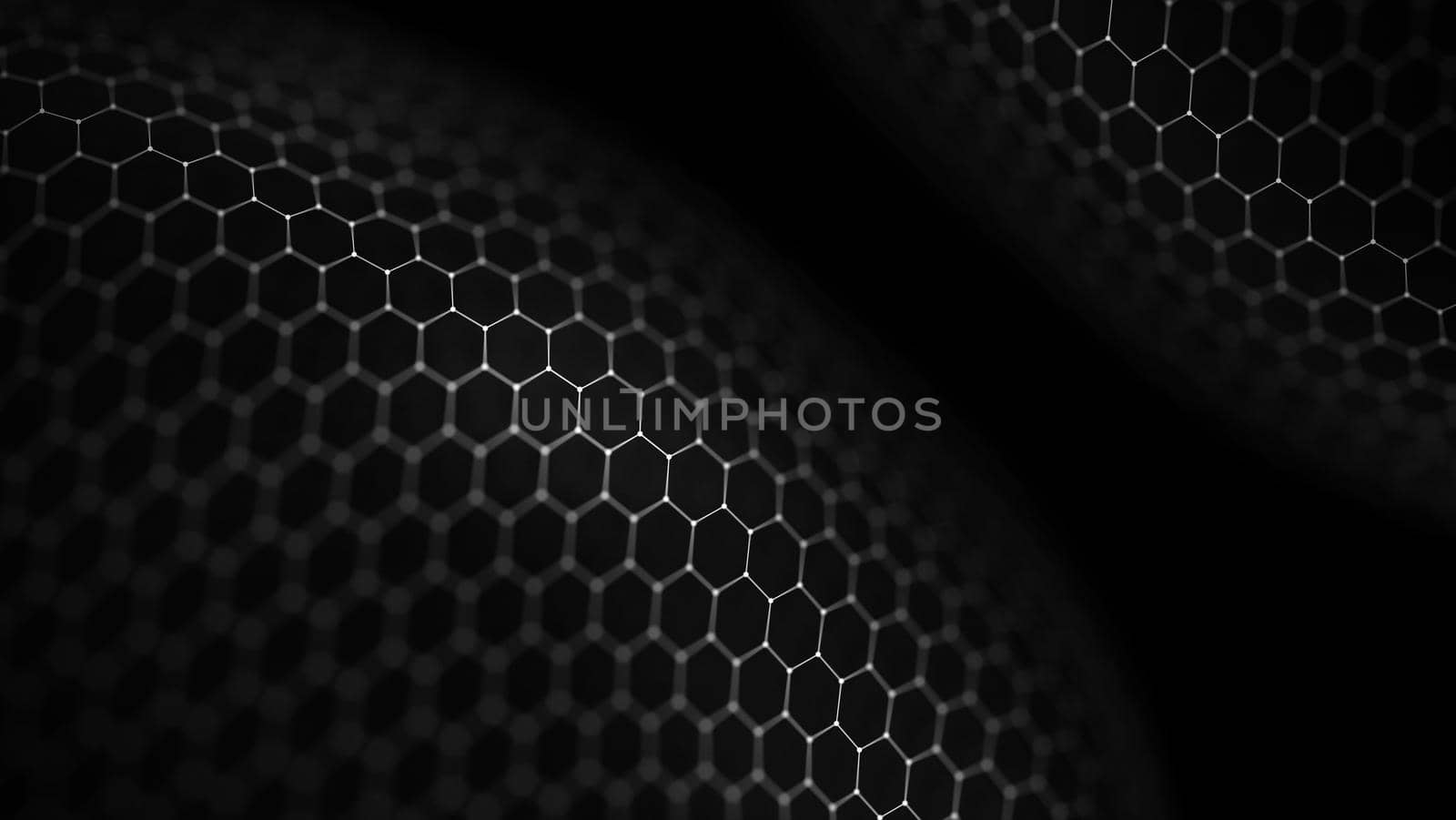 Network connection concept black background illustration. Futuristic hexagon perspective wide angle lanscape. Futuristic honeycomb concept. 3d landscape.