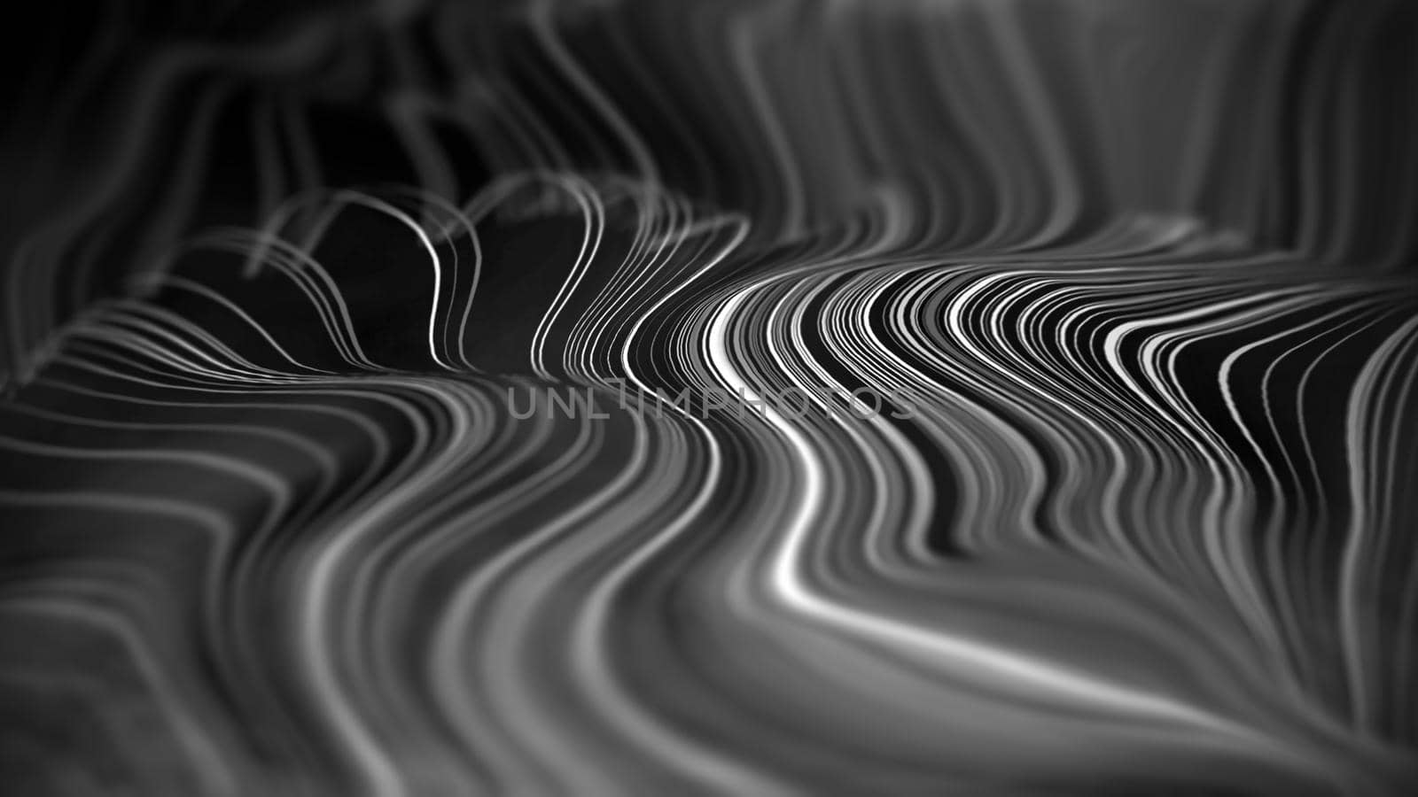 Black and white lines flow. Dark technology background.