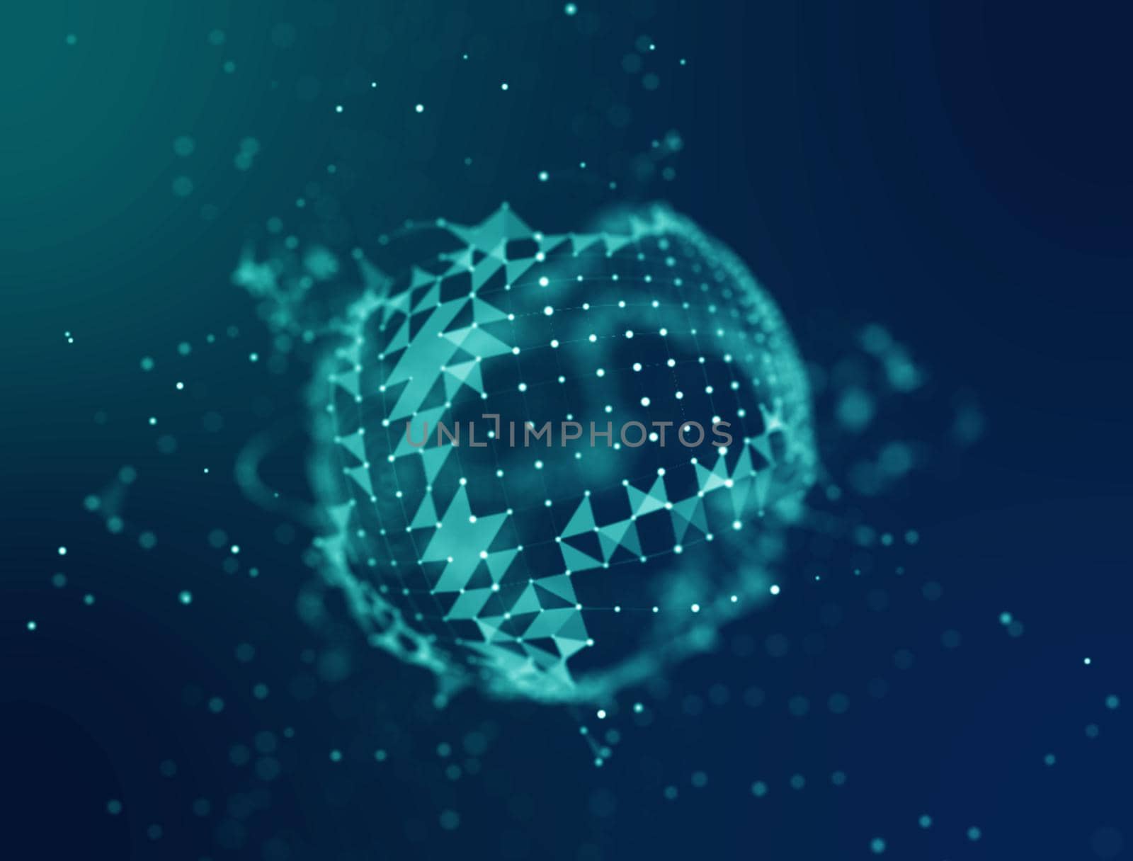 Abstract 3d Illuminated distorted Mesh Sphere . Neon Sign . Futuristic Technology HUD Element . Elegant Abstract Destroyed Sphere . Big data visualization .