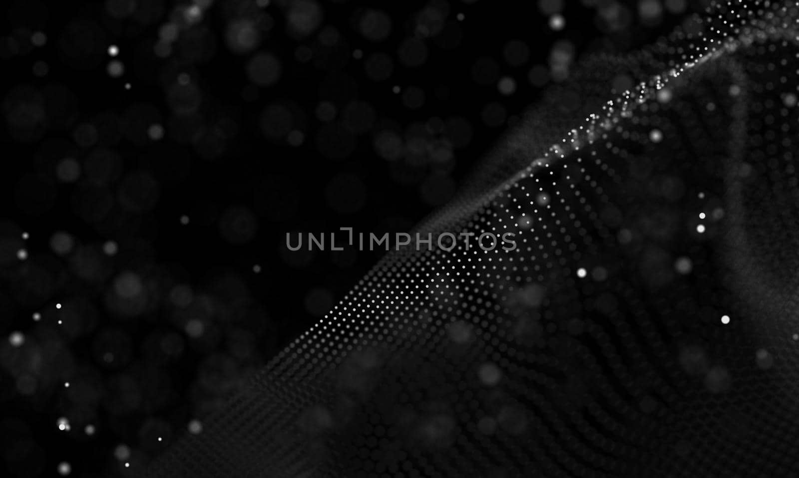 Abstract futuristic illustration of polygonal surface. Low poly shape with connecting dots and lines on dark background. 3D rendering