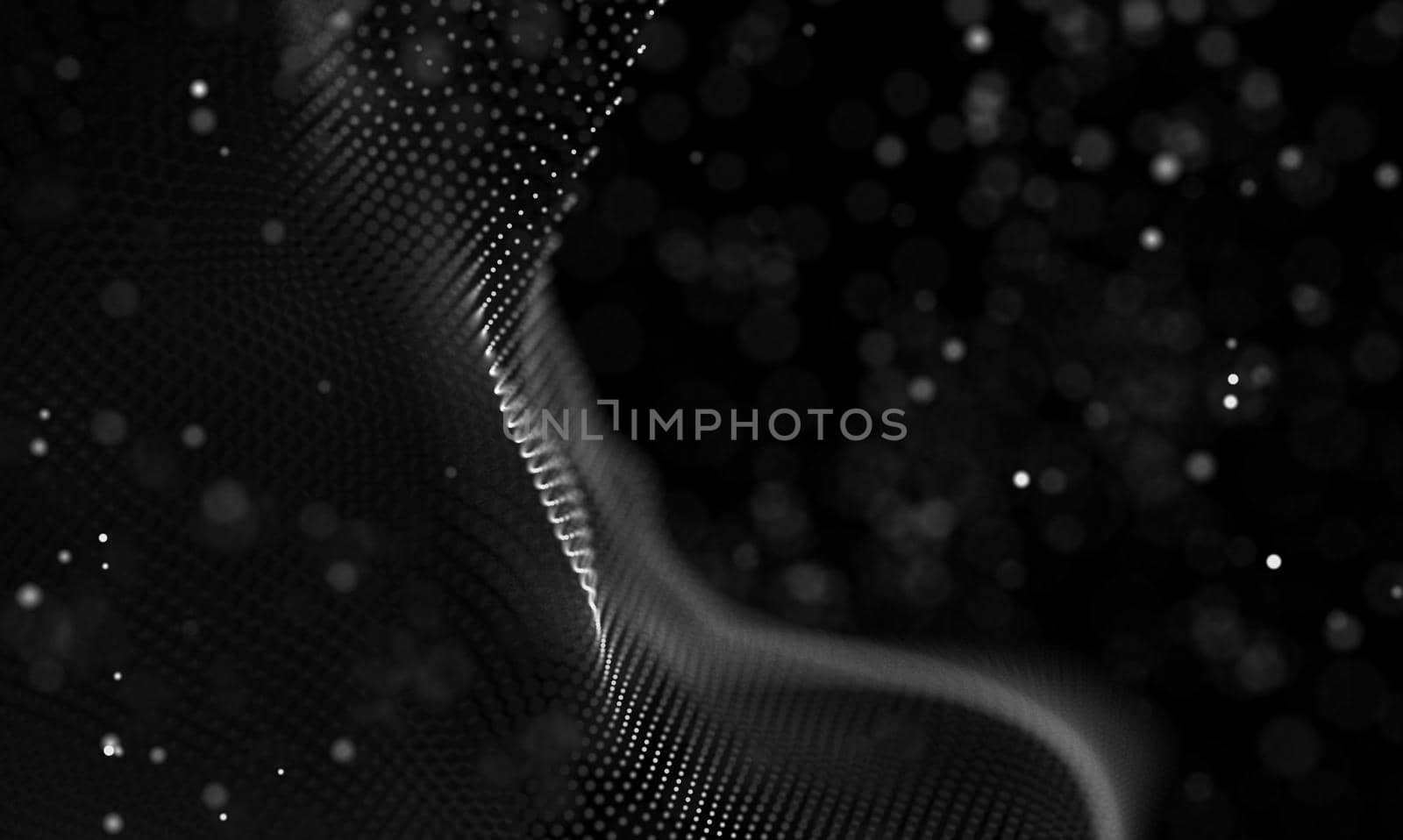 Abstract futuristic illustration of polygonal surface. Low poly shape with connecting dots and lines on dark background. 3D rendering