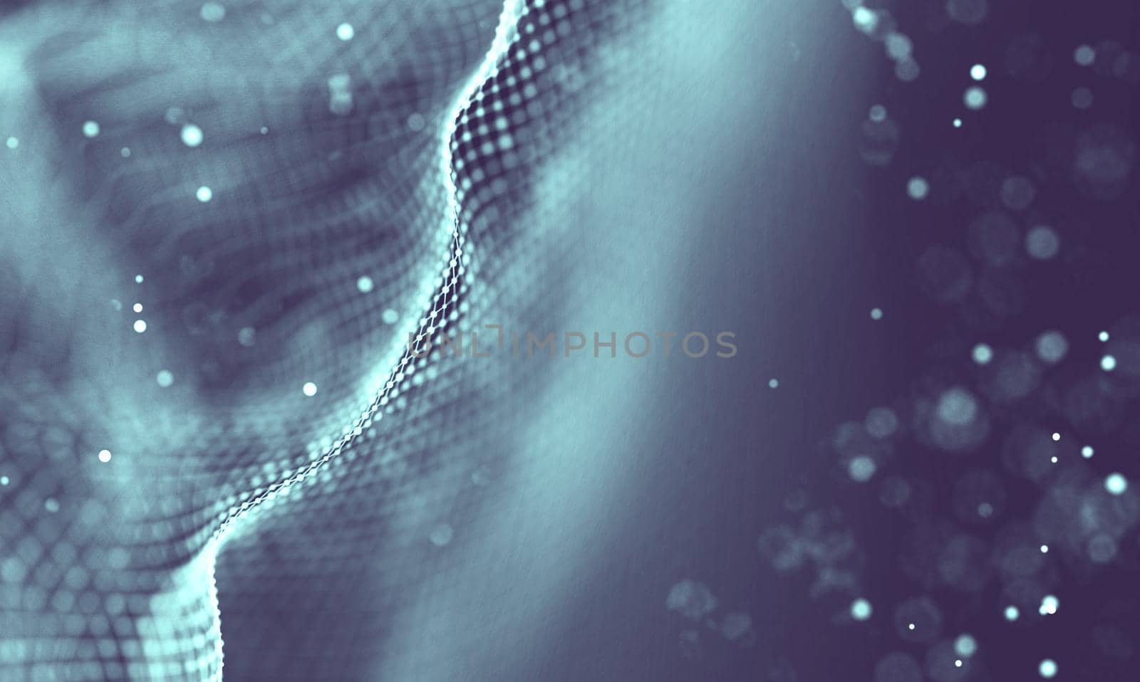 Abstract futuristic illustration of polygonal surface. Low poly shape with connecting dots and lines on dark background. 3D rendering