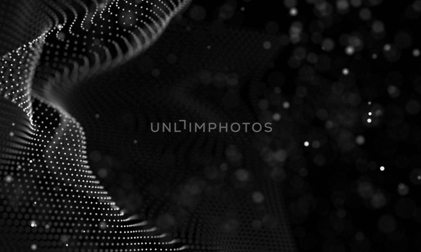 Abstract futuristic illustration of polygonal surface. Low poly shape with connecting dots and lines on dark background. 3D rendering