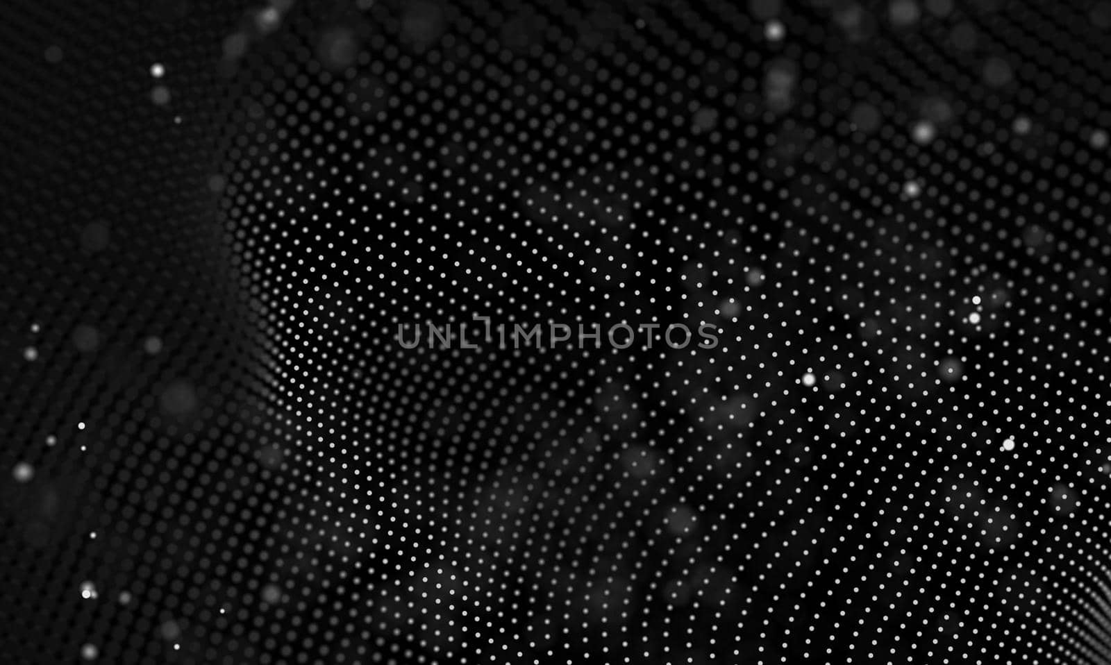 Abstract futuristic illustration of polygonal surface. Low poly shape with connecting dots and lines on dark background. 3D rendering