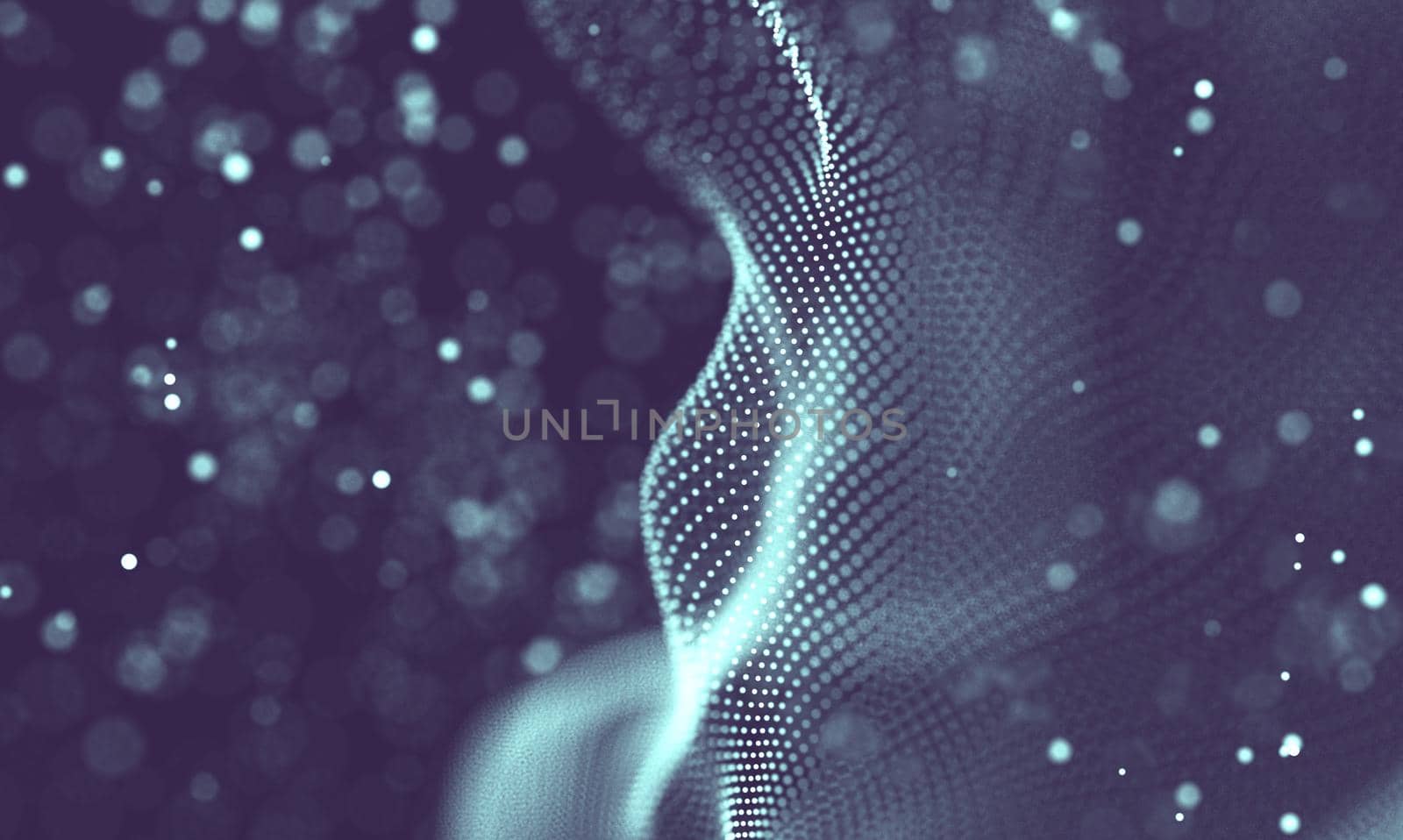 Abstract futuristic illustration of polygonal surface. Low poly shape with connecting dots and lines on dark background. 3D rendering
