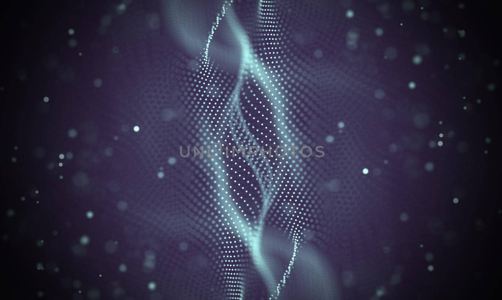 Abstract futuristic illustration of polygonal surface. Low poly shape with connecting dots and lines on dark background. 3D rendering