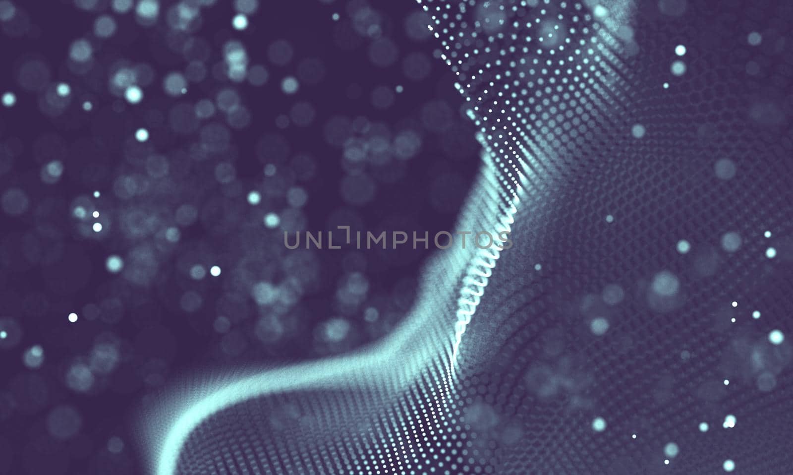 Abstract futuristic illustration of polygonal surface. Low poly shape with connecting dots and lines on dark background. 3D rendering