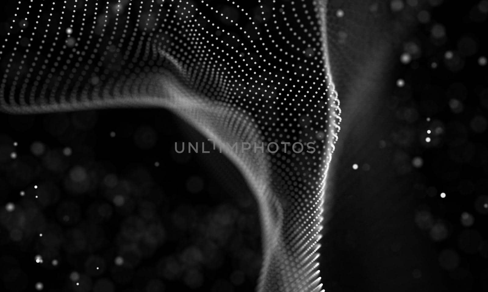 Abstract futuristic illustration of polygonal surface. Low poly shape with connecting dots and lines on dark background. 3D rendering