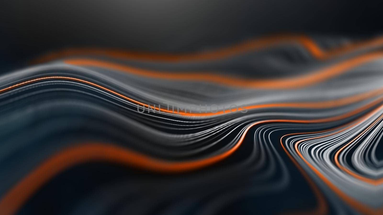 Dark technology background with wavy orange and white lines. Wavy black texture color design illustration. Digital motion modern orange wallpaper template with curve abstract wave.