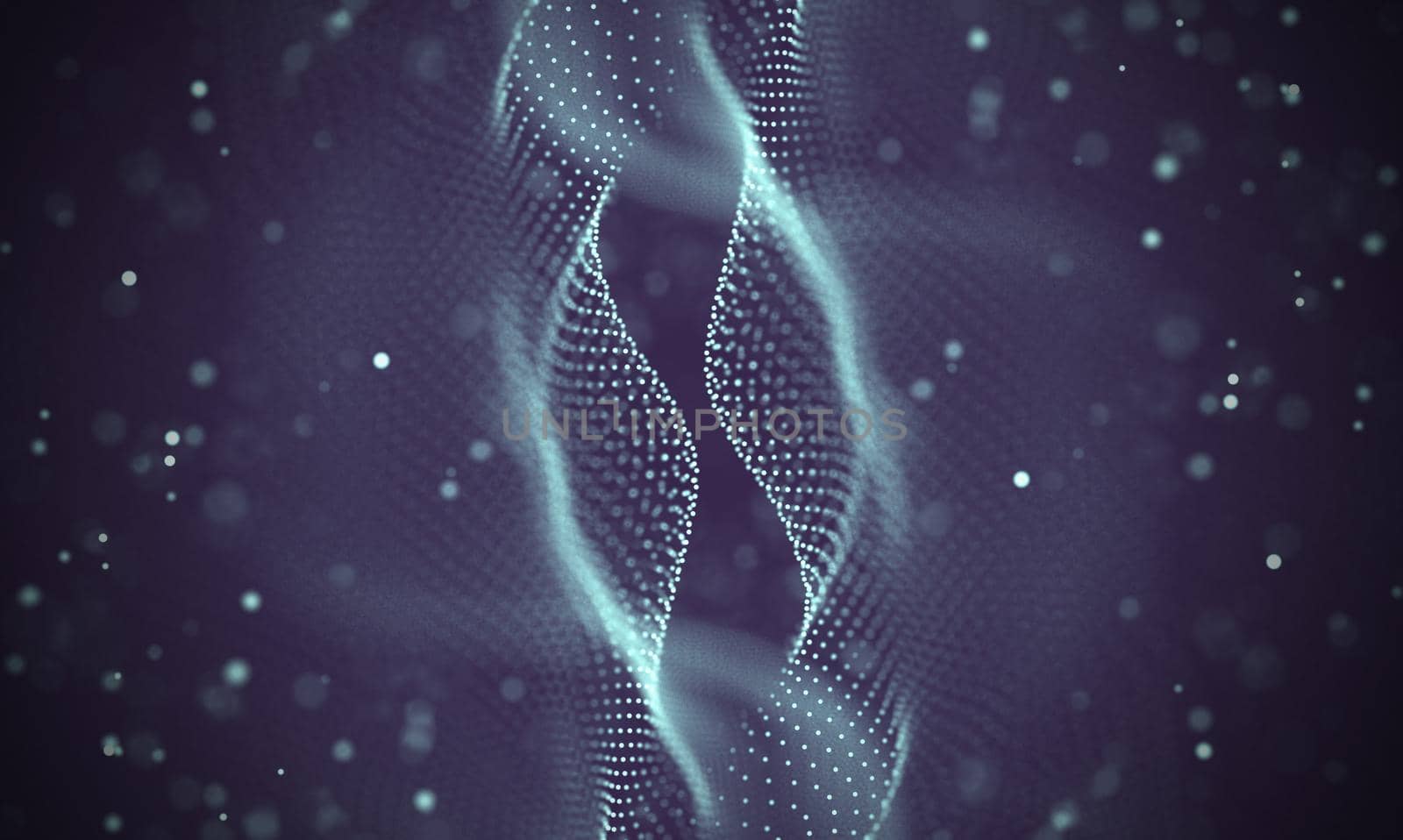 Abstract futuristic illustration of polygonal surface. Low poly shape with connecting dots and lines on dark background. 3D rendering