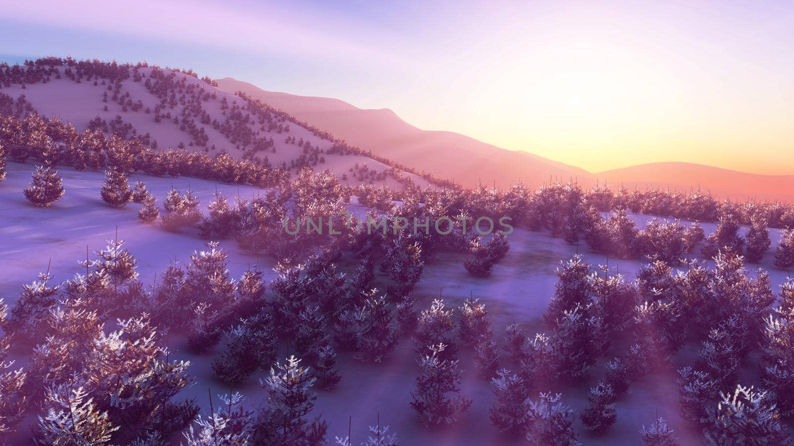 above winter forest mountain sunset 3D rendering illustration