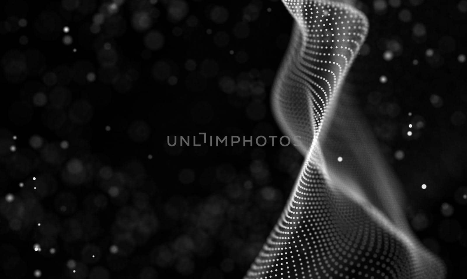 Abstract futuristic illustration of polygonal surface. Low poly shape with connecting dots and lines on dark background. 3D rendering