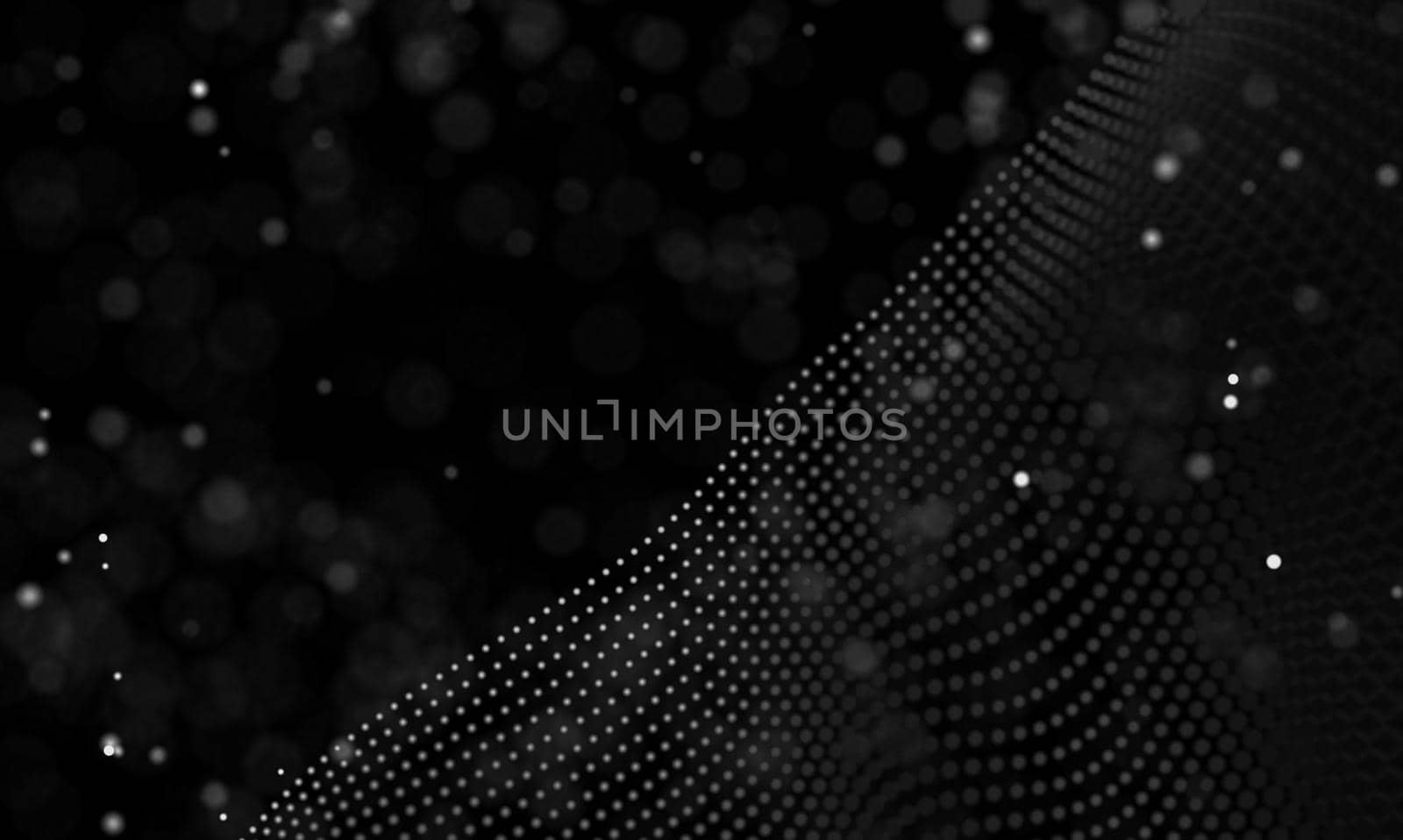 Abstract futuristic illustration of polygonal surface. Low poly shape with connecting dots and lines on dark background. 3D rendering