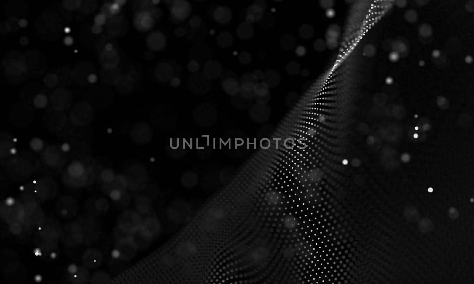 Abstract futuristic illustration of polygonal surface. Low poly shape with connecting dots and lines on dark background. 3D rendering