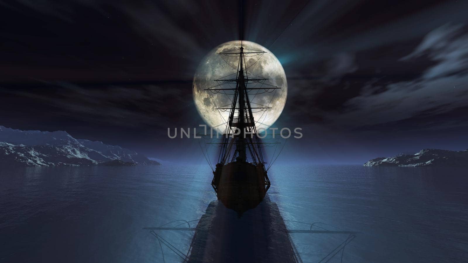 old ship in the night full moon illustration by alex_nako