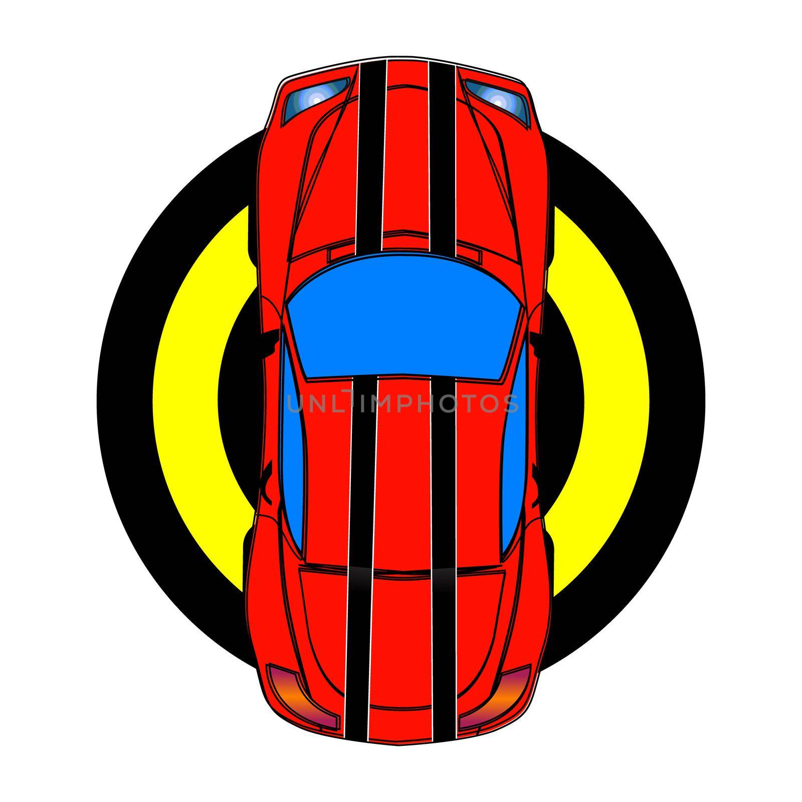 Red sport car with black stripes. Top view. Vector illustration.