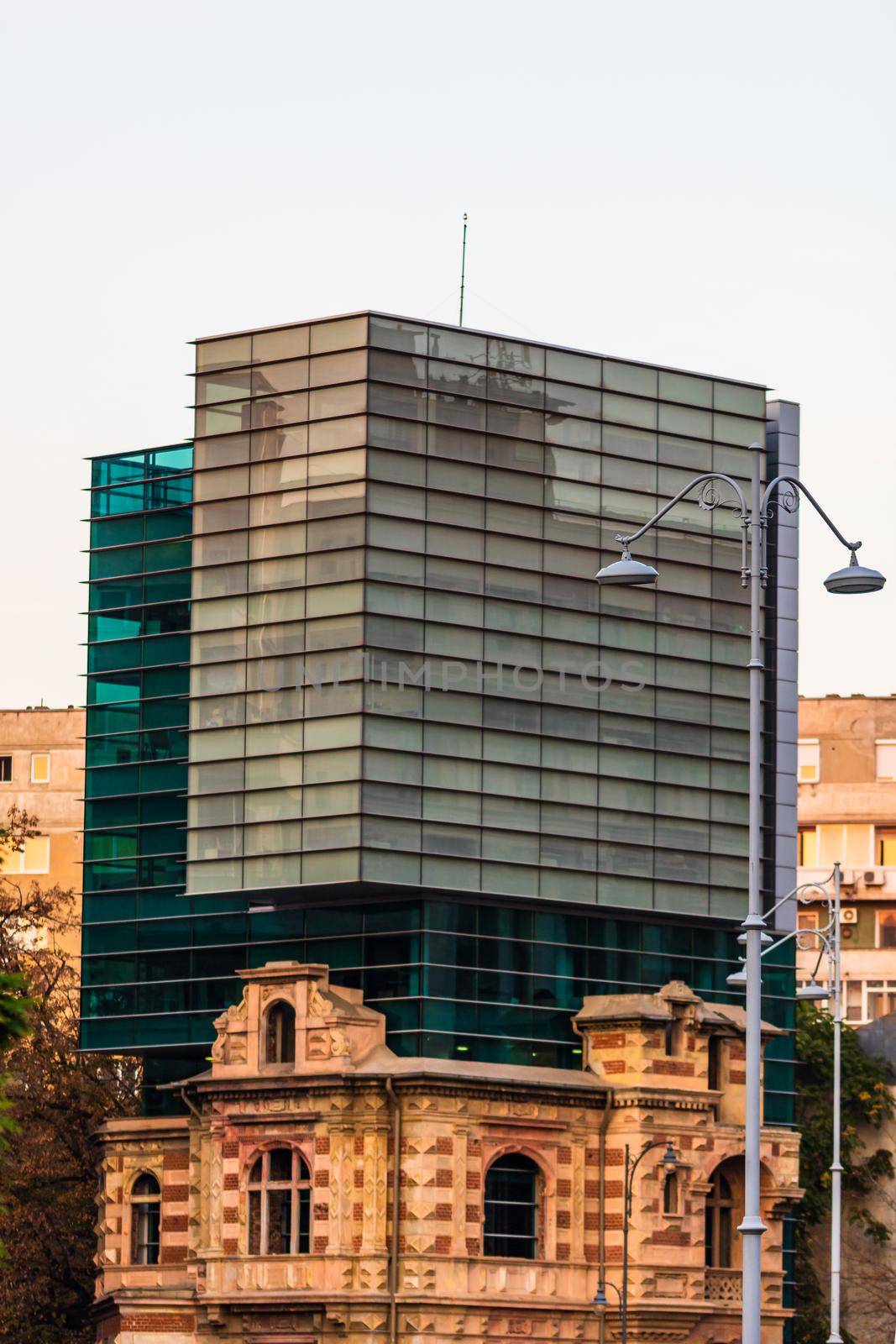 Detail view of the modern building of the Union of Romanian Architects in downtown Bucharest, Romania, 2020