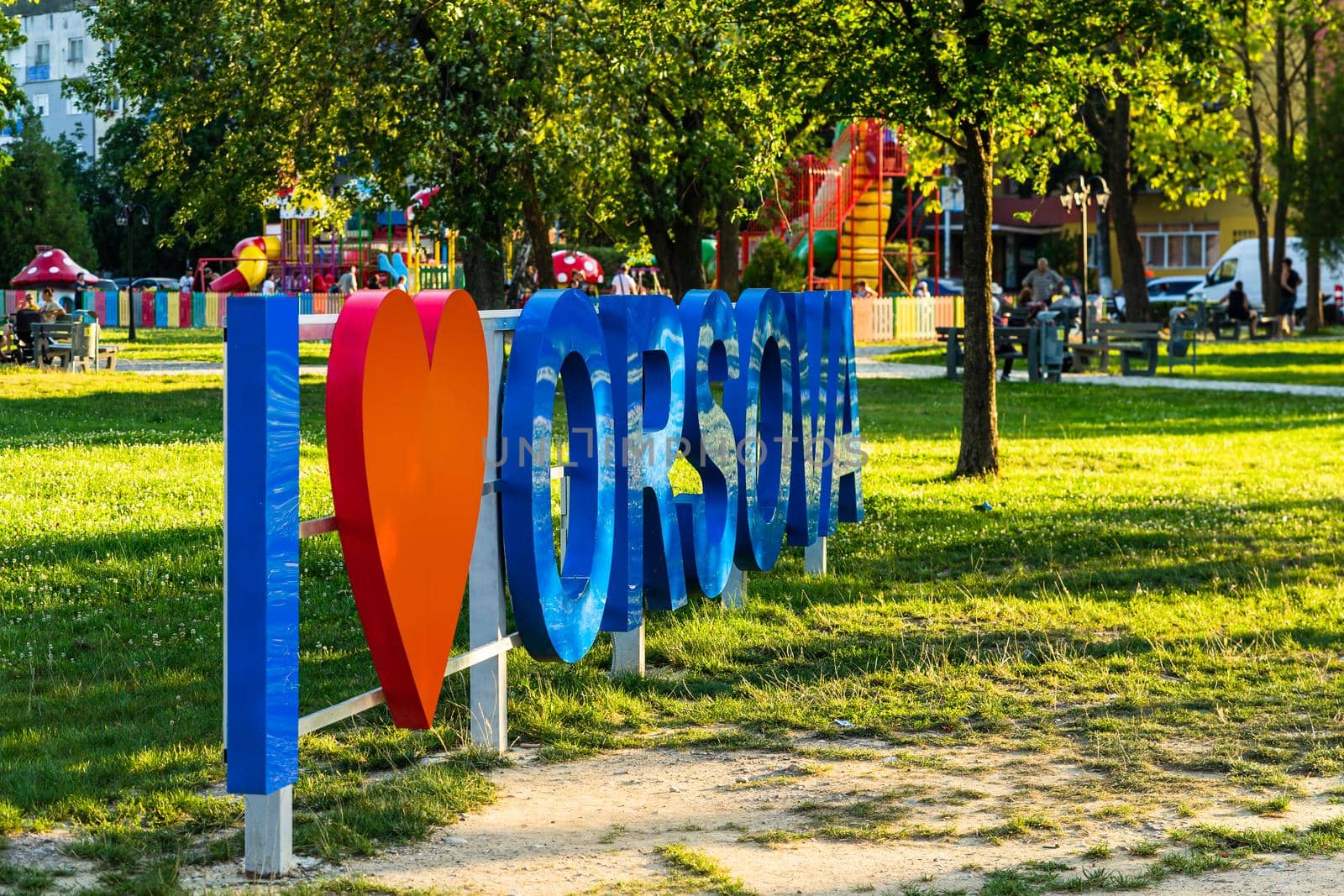 Entrace of a park, text i love Orsova . Orsova, Romania, 2020