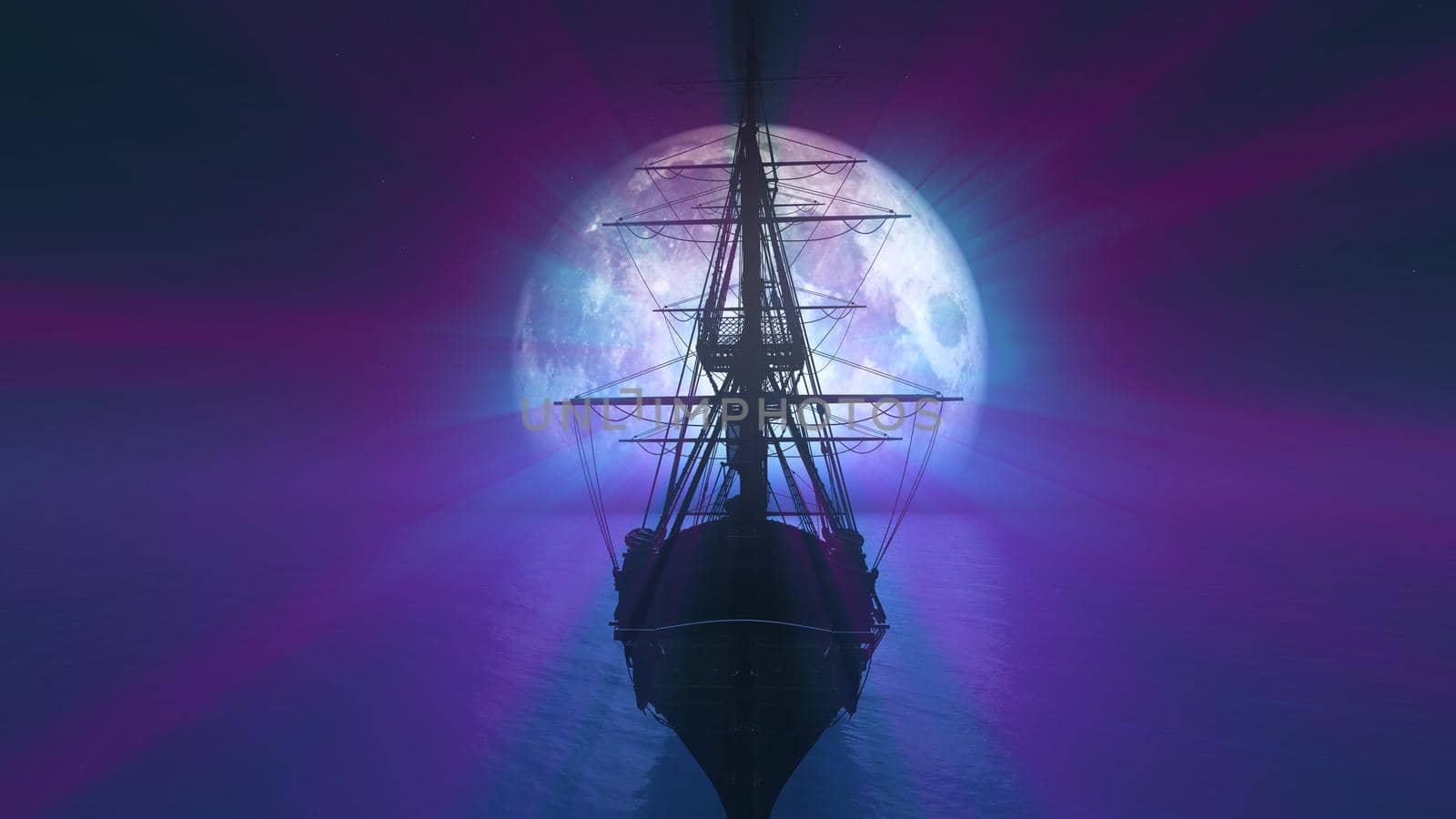 old ship in sea full moon illustration 3d rendering