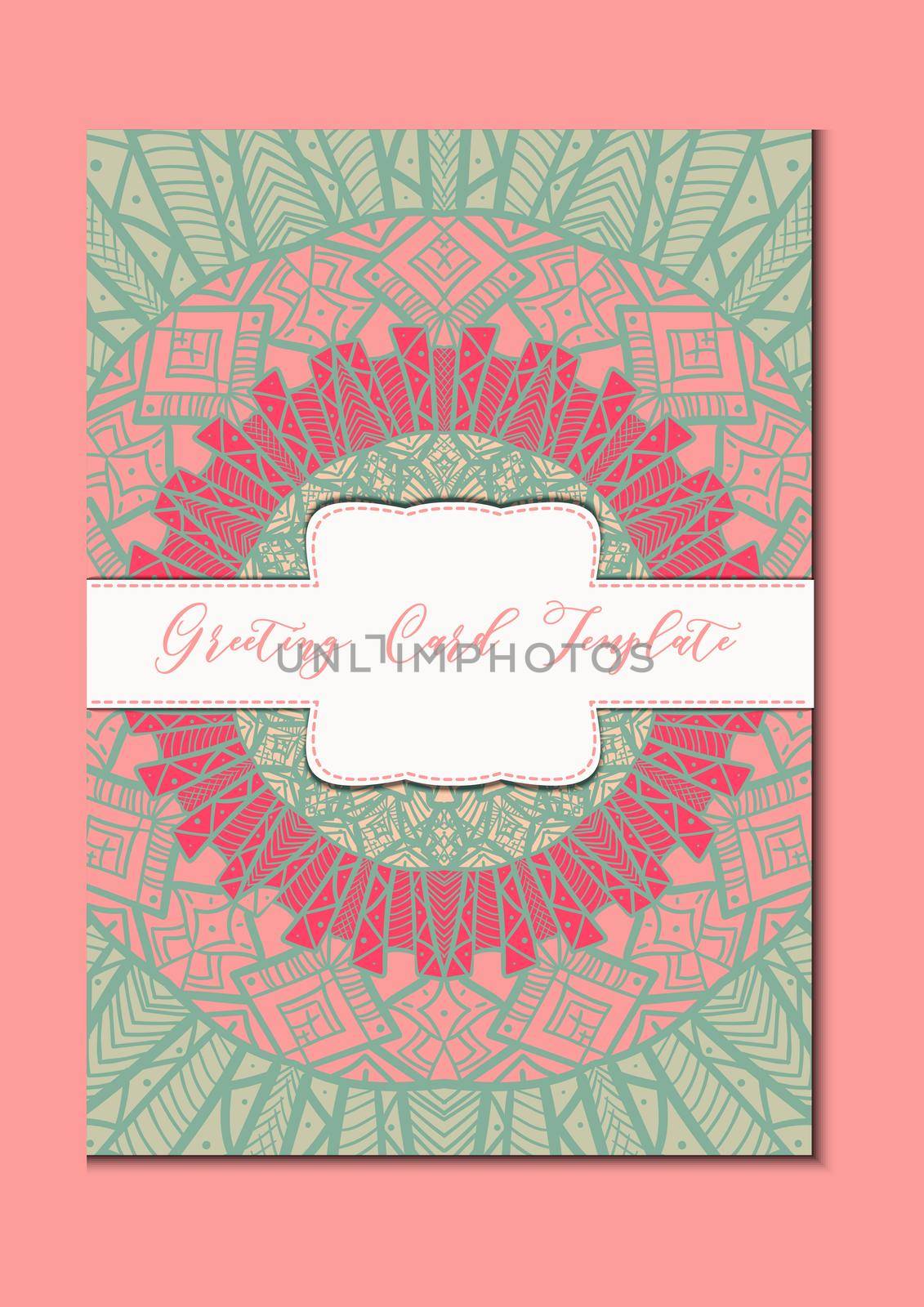 Business mandala card template. Oriental ethnic pattern. Mehndi ornament page for brochure, flyer, greeting, invitation cover. Design layout in boho and islam, arabic and east, indian style. Vector